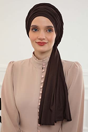 Aisha's Design Instant Hijab Scarves for Women, 95% Cotton Pretied Bonnet Turban Easy to Wear Cotton Headscarf - color: Brown