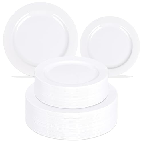 100 Pcs White Plastic Plates,Heavy Duty White Disposable Plates for 50 Guests,50 Dinner Plates 10 inch & 50 Dessert Plates 7 inch for Party,Holiday,Wedding - color: White