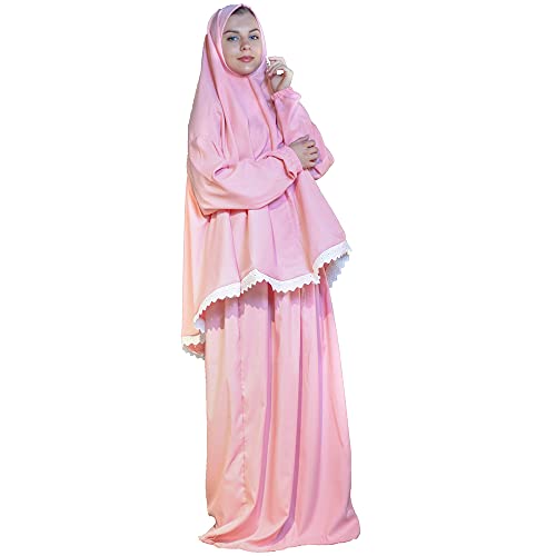 Women's Prayer Dress 2 Pieces Microfiber Solid Color Plus Long Sleeve | One-Size | Hijab Abaya Suit - color: Pink