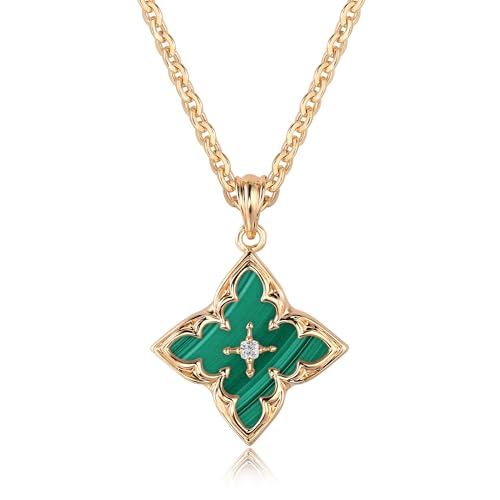 Gold Necklace for Women Charm Clover Pendant Gold Statement Necklaces - color: Green-malachite