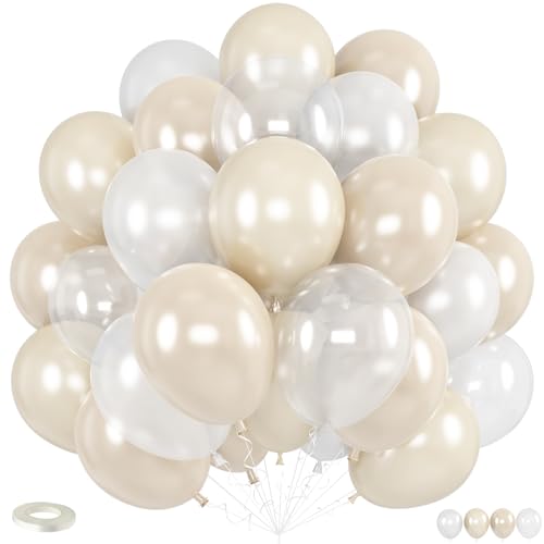 Pearl White Balloons, 12 Inch Double Stuffed Pearl Balloons, 50pcs Double Stuffed Latex Sand White Ivory Clear Balloon for Bachelorette Bride Baby Shower Wedding Engagement Birthday Party Decorations - color: Pearl White
