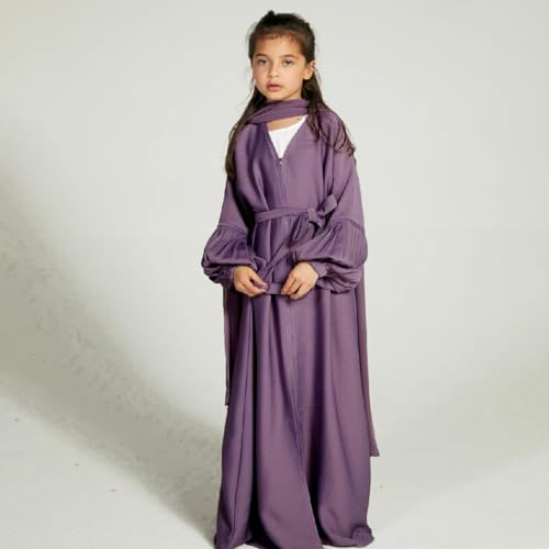 Kids Girls Muslim Abaya Long Sleeve Snap Front Maxi Dress with Belt Robe Kimono Dubai Hijab Dress - color: Purple B, size: 5-6 Years