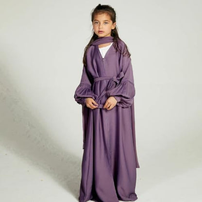 Kids Girls Muslim Abaya Long Sleeve Snap Front Maxi Dress with Belt Robe Kimono Dubai Hijab Dress - color: Purple B, size: 5-6 Years