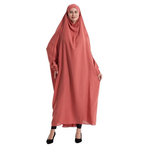 Lmdudan Muslim Women Islamic Full Cover Prayer Dress Long Sleeve Loose Abaya Hijab Outfit 2026 Ramadan Modest Prayer Clothes - color: Red, size: Medium