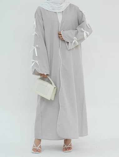 ODIZLI Women's Eid Abaya Dresses Long Sleeve Open Front Pearl Bowknot Prayer Dress Ramadan Cardigan Dubai Kaftan - color: Gray, size: XX-Large