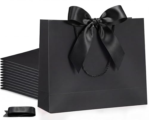 Silkfly 12 Pcs Paper Gift Bags with Handles & Bow Ribbon, Pure Black - color: Pure Black