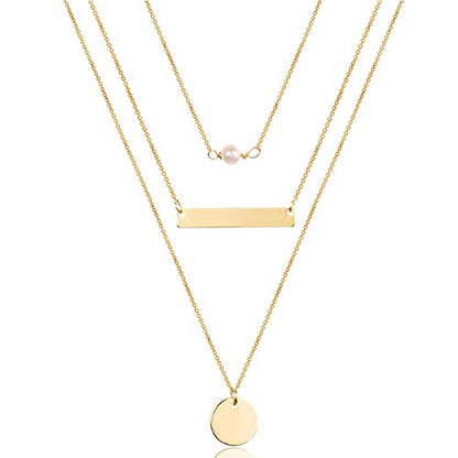 Turandoss Dainty Layered Choker Necklace, Handmade Y Pendant Necklace Multilayer Bar Disc Necklace Adjustable Layering Choker Necklaces for Women - style: 3PCS - simulated Pearl&Bar&Disc