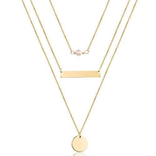 Turandoss Dainty Layered Choker Necklace, Handmade Y Pendant Necklace Multilayer Bar Disc Necklace Adjustable Layering Choker Necklaces for Women - style: 3PCS - simulated Pearl&Bar&Disc