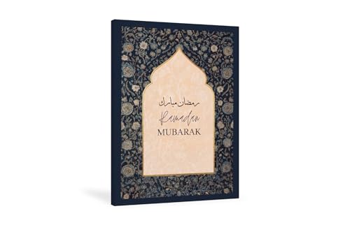 Ramadan Mubarak Canvas Wall Art, Elegant Arabic Calligraphy Islamic Home Decoration, Mihrab Arch Floral Design in Beige Gold, Muslim Home Prayer Room Eid Gift (Navy - Canvas, 16L x 12W) - color: Navy - Canvas, size: 16"L x 12"W