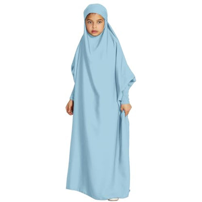 ODIZLI Muslim One Piece Prayer Hijab Dress Women Hooded Abaya Full Cover Islam Dubai Modest Robe - color: Light Blue Kids, size: 8-9 Years