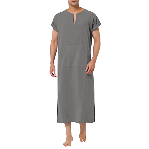 Muslim Clothes for Men V Neck Short Sleeve Kaftan Sleep Shirts Casual Soft Nightgowns Caftans Kurta Thobe - color: Grey, size: Medium