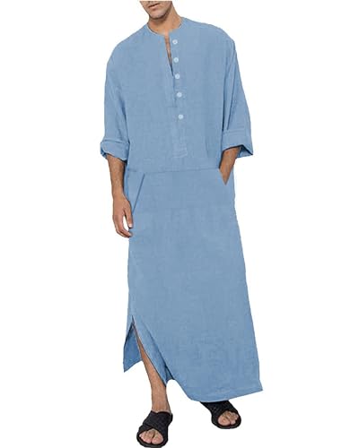 Jacansi Men's 65% Cotton 35% Linen Long Sleeve Kaftan, Button Down Ankle Length Thobe with Side Split & Pocket - color: Blue, size: X-Large