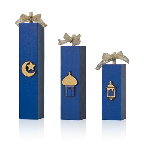 Smile 3Pc Eid al‑Adha Wooden Block Sign Decorations, Islamic Tiered Tray Muslim Party Tabletop Home Decor - style: Ramdan