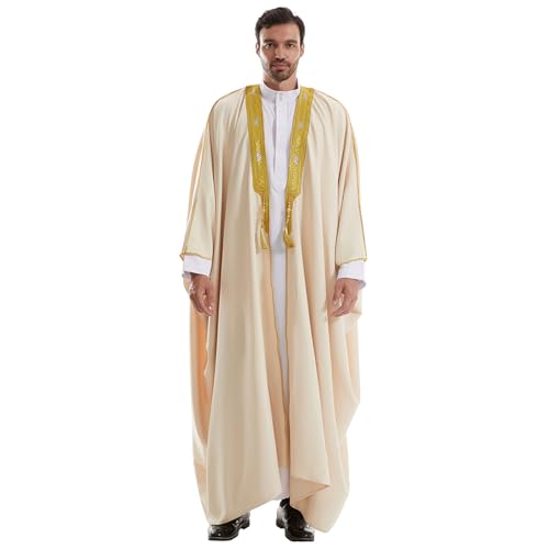 Muslim Men Thobe Thick Golden Tassel Muslim Prayer Cardigan Eid Open Abaya - color: Beige, size: Medium