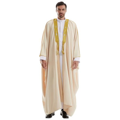 Muslim Men Thobe Thick Golden Tassel Muslim Prayer Cardigan Eid Open Abaya - color: Beige, size: X-Large
