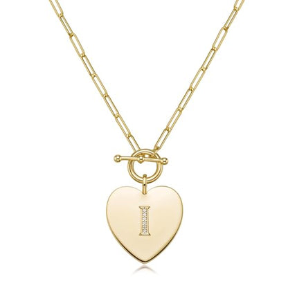14K Gold Filled Heart Initial Necklace for Women, Dainty Alphabet Pendant Necklace with Paperclip Chain, Hypoallergenic Jewelry Gift for Her - color: Letter I