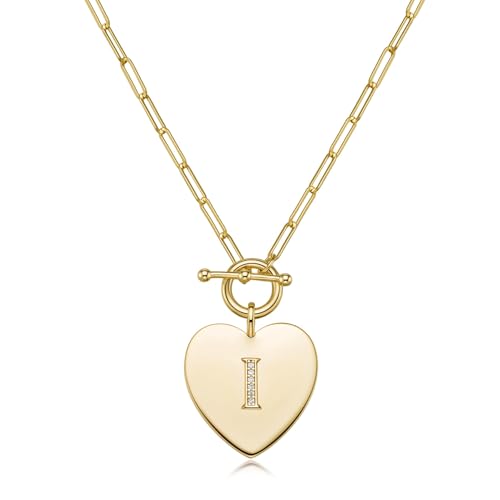 14K Gold Filled Heart Initial Necklace for Women, Dainty Alphabet Pendant Necklace with Paperclip Chain, Hypoallergenic Jewelry Gift for Her - color: Letter I