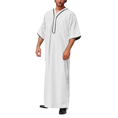 Men's V Neck Kaftan Thobe Short Sleeve Muslim Robe Loose Casual Long Gown Shirts with Chest Pocket for Beach Summer - color: White, size: XX-Large