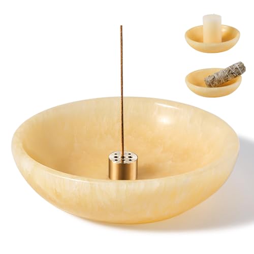 Koville Natural Onyx Incense Holder, Incense Holder for Sticks with 9 Holes, Handmade Incense Burner Ash Catcher for Meditation Yoga SPA, Balsam Fir/Palo Santo/Sage/Cone Incense Bowl(Orange) - color: D=150-orange Onyx