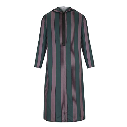 Men's Striped Robe Long Sleeve Zip-Up Thobe Long Gown Muslim Middle East Kaftan Dresses Muslim Dubai Clothes - color: Green, size: 3X-Large
