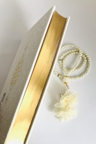 SODEF Quran Book Hafiz Size 14x20cm White Color Thermo Leather and Pearl Tasbih for Bridal Dowry Set