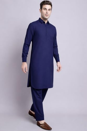 Maple Clothing Punjabi Kurta Pajama Set Mens Pathani Cotton Indian Clothes Bollywood Outfit - color: Navy Blue, size: Medium