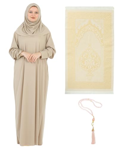 Prien Women Prayer Dress With Hijab Rug Tasbih Muslim Set Islamic Clothes Abaya Jilbab Dubai Kaftan For Eid Ramadan - color: Mink