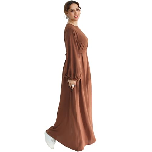 Muslim Women Abaya Dress Breathable Front Zipper&Pockets&Belt Prayer Robe - color: Coffee, size: X-Large
