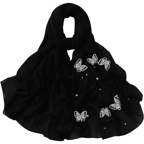 Muslim Prayer Hijab for Women Lightweight Pearl Chiffon Scarfs 3-D Butterfly Embroidery with Glitters Beads Islamic Hijab - color: Black