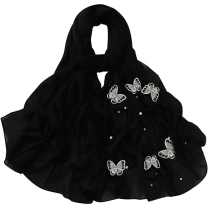 Muslim Prayer Hijab for Women Lightweight Pearl Chiffon Scarfs 3-D Butterfly Embroidery with Glitters Beads Islamic Hijab - color: Black