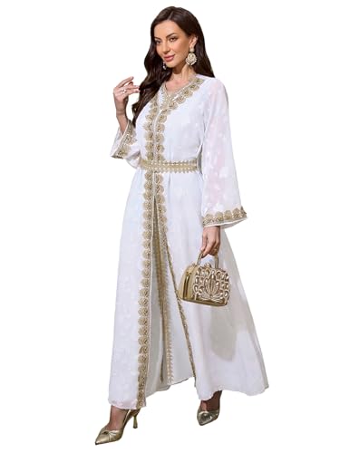 Abaya Dress for Women Muslim Moroccan Maxi Kaftan Dress Arabic Islamic Dubai Robe Ramadan Prayer Wedding Clothes - color: White, size: X-Small