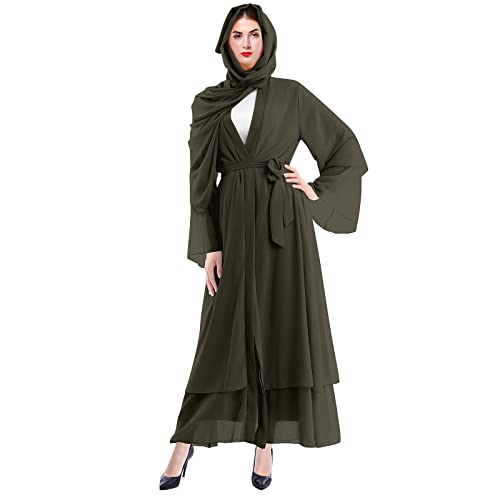 Muslim Abaya Dress for Women - Long Sleeve Islamic Dubai Abaya Cardigan Robe - Middle East Prayer Dress with Hijab - color: Army Green, size: Small