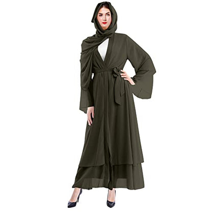 Muslim Abaya Dress for Women - Long Sleeve Islamic Dubai Abaya Cardigan Robe - Middle East Prayer Dress with Hijab - color: Army Green, size: Small