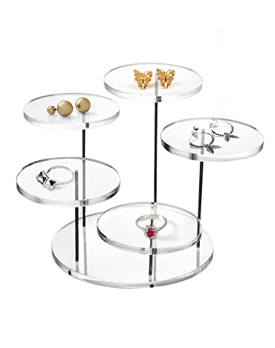 QWORK Round Acrylic Products Display Riser Stands, 5 Tier Displaying Risers Display Stands for Rings Earrings and Mini Figurines, Clear 1 Pack