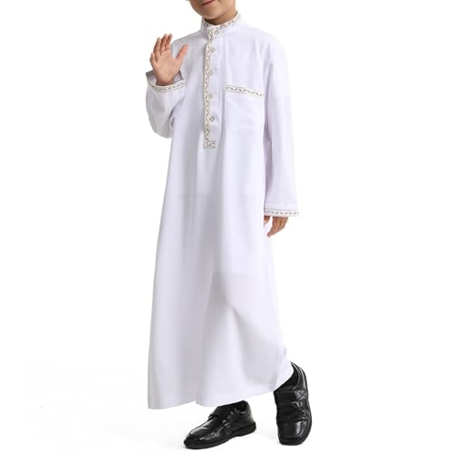 Muslim Thobe for Boys Islamic Thobe Long Sleeve Kaftan Stand Collar Button 𝐑obe Kids Ramadan Eid Outfit Prayer Clothes - color: White, size: 9-10 Years