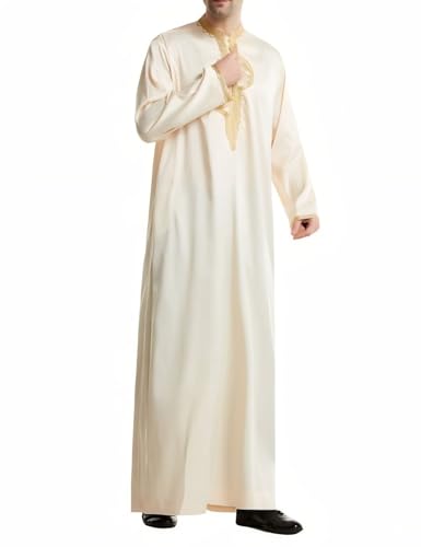 Men's Ankle-Length Thobe With Round Neck And Intricate Gold Embroidery - color: Beige and Gold, size: Medium
