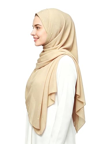 Lina & Lily Sparkle Shimmer Gold Glitter Women's Chiffon Hijab Head Scarf Shawl Wrap Lightweight - color: Beige