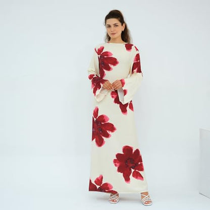 FYMNSI Womens Muslim Dresses Bell Sleeve Floral Butterfly Abaya Modest Dubai Kaftan Islamic Dress Eid Ramadan Prayer Clothes - color: White, size: Large