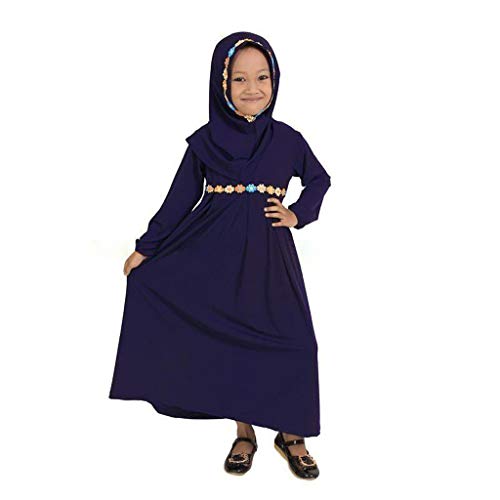 Toddler Baby Girls Muslim Prayer Dress Abaya with Floral Hijab 2pcs Islamic Long Skirt Eid Outfits Arabic Dubai Maxi Dress - color: Dark Blue, size: 4-5T