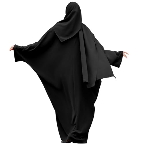IDOPIP Abayas for Women Muslim Dress with Hijab, One-Piece Long Sleeve Islamic Prayer Dress with Khimar Jilbab Kaftan Clothes - color: Black + Hijab