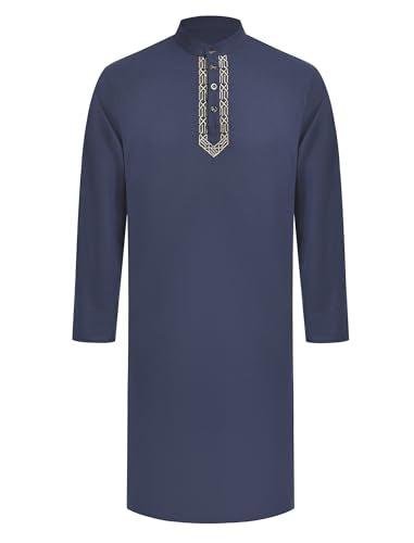 IWEMEK Men Kaftan Robe Button Up Muslim Thobe Long Sleeve Eid Ramadan Abaya Henley Shirts Casual Dubai Islamic Prayer Clothes - color: Navy Blue, size: Large