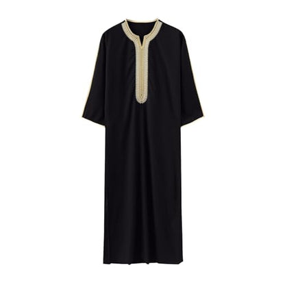 Mens Embroidery Moroccan Thobe Men Muslim Mogadishu Djellaba Robe Islamic Jubba Prayer Kaftan Islamic Arabic Abaya - color: Black, size: Medium