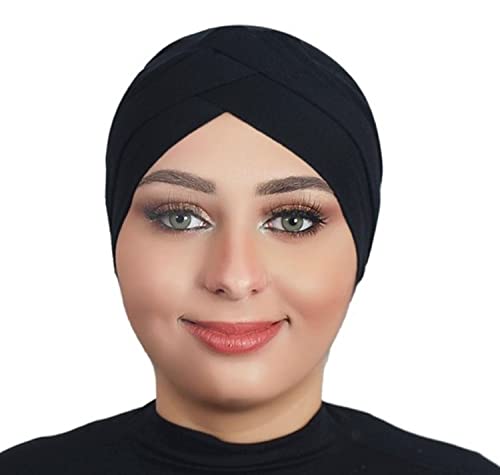 Solid Color Full Cover Inner Hijab Caps Muslim Forehead Cross Turban Stretch Hijab for Women Head Scarf Under Hijab - color: Black