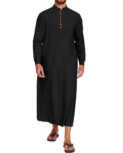 LVCBL Thobe for Men Long Sleeve Kaftan Muslim Thobe Button Down Long Gown Caftan with Pockets - color: Black, size: Large