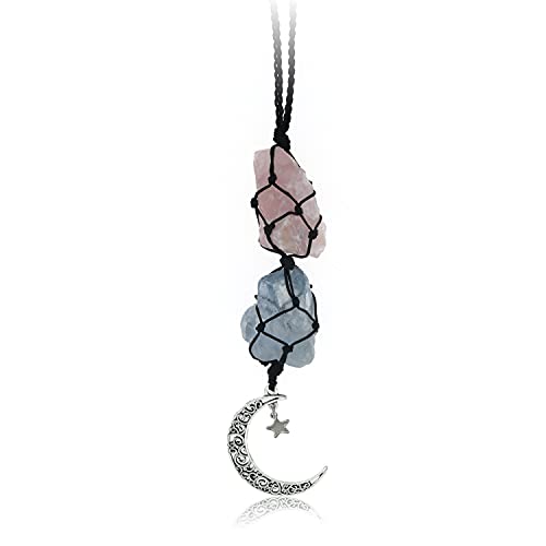 BOHO GARDEN Hanging Car Charm - Rose Quartz, Blue Calcite - Dangling Moon & Healing Crystal Accessories, Rearview Mirror Decorations - Love, Connection, Self-Worth, Calmness, Communication, Creativity - color: Rose Quartz-blue Calcite