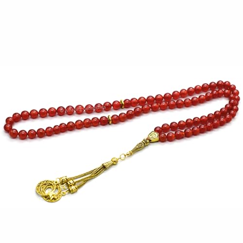 Amazing Gemstone Crystal Tasbeeh with Moon and Star Charm - Certified Crystal Muslim Prayer Beads Natural Gemstone Tasbih Gift for Ramadan Dhikr and Daily Namaz (G) - color: Red Onyx