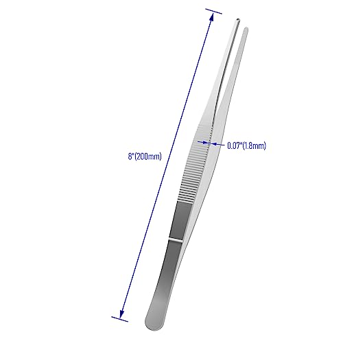8" Stainless Steel Tweezers, Straight Blunt, 0.07" Thick | Round Serrated Tip, Multipurpose Daily Garden Home Lab Craft Repairing Tool - size: 8"L(0.07"T)