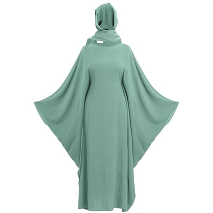 ODIZLI Abayas For Women Muslim Dubai Full Cover Kaftan Shirt Dress Batwing Sleeve Prayer Dress With Hijab - color: Green + Hijab, size: One Size