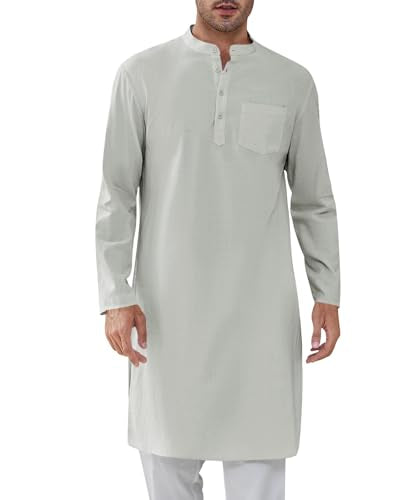 Gafeng Mens Kaftan Robe Button Down Long Sleeve Henley Cotton Thobe Casual Side Split Gown Shirt - color: Grey, size: Small
