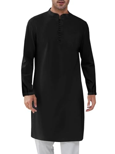 Runcati Mens Kaftan Thobe Button Down Henley Shirts Robe Long Sleeve Casual Cotton Linen Muslim Gown Shirt - color: Black, size: X-Large